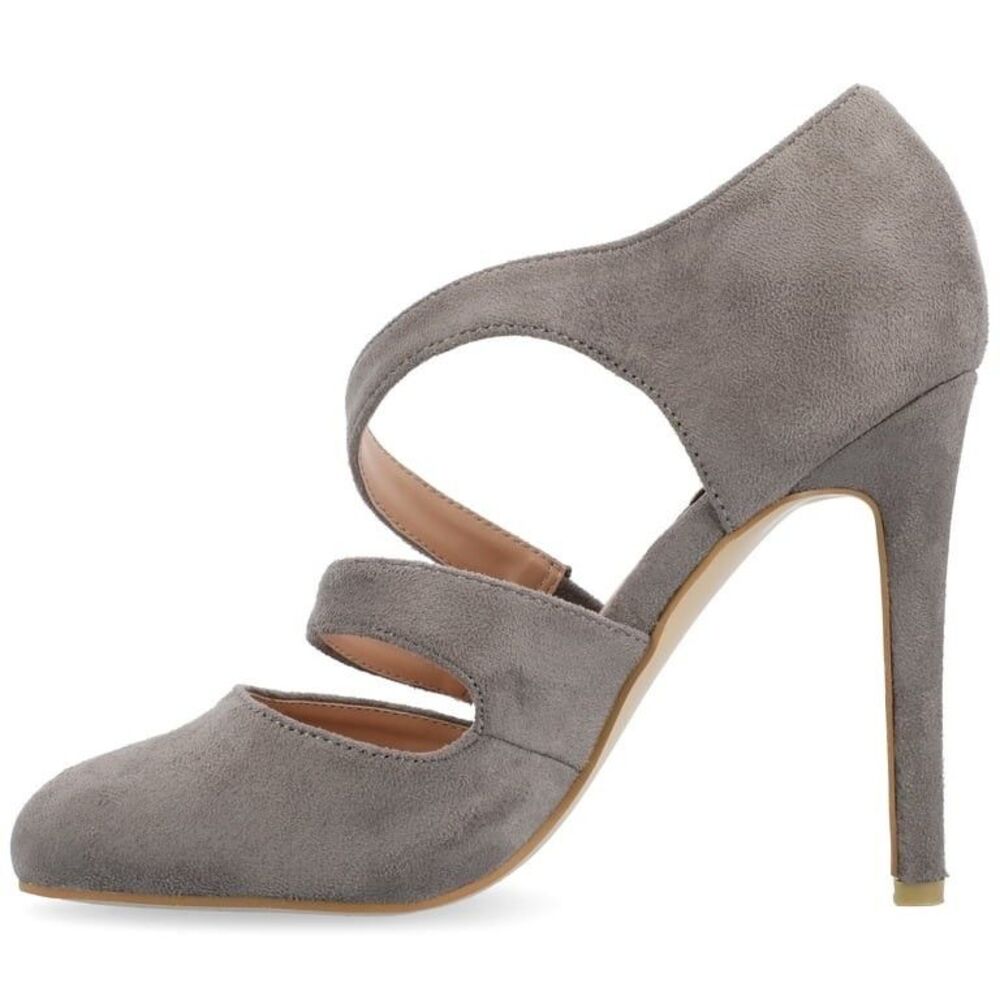 Journee Collection Zeera Grey Faux Suede Round Toe Stiletto Pumps Sz 6.5 Strappy
